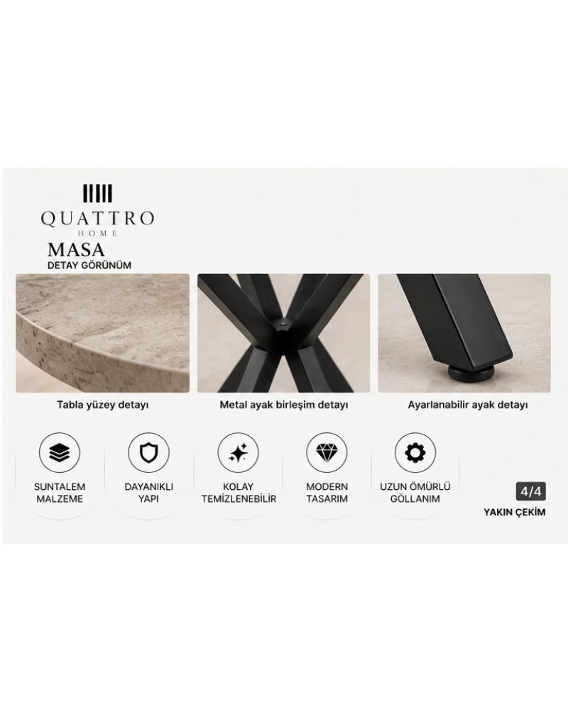 90 cm Yuvarlak Mutfak Masası Modern Metal Ayaklı Traverten