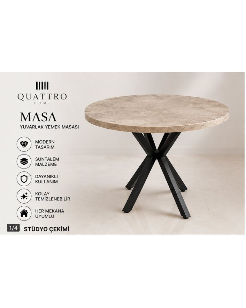 90 cm Yuvarlak Mutfak Masası Modern Metal Ayaklı Traverten