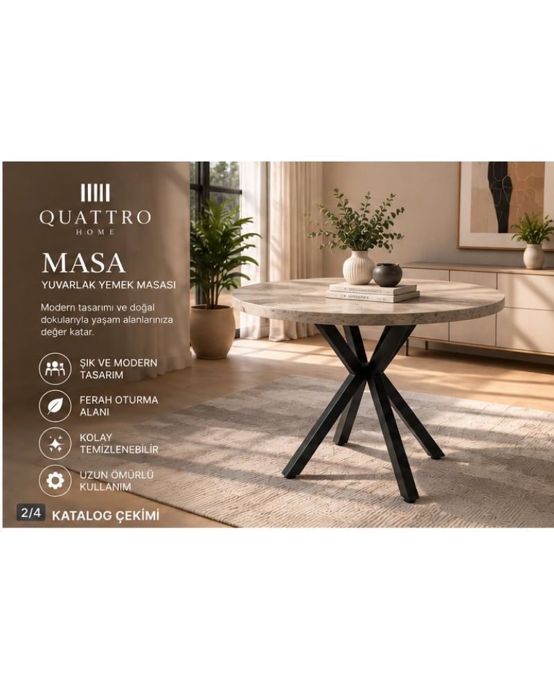 90 cm Yuvarlak Mutfak Masası Modern Metal Ayaklı Traverten