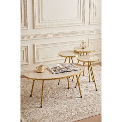 Gold Metal Ayaklı Krem 4'lü Sehpa Seti