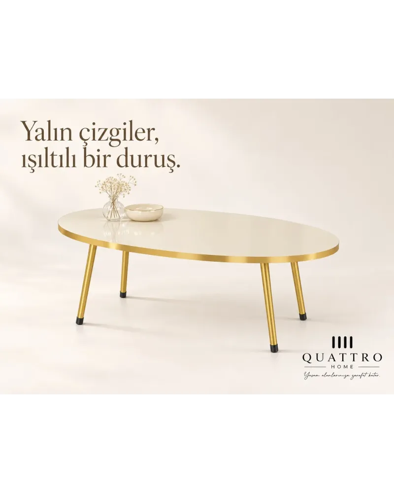 Gold Metal Ayaklı Krem 4'lü Sehpa Seti