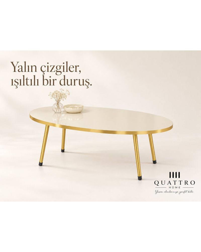 Gold Metal Ayaklı Krem 4'lü Sehpa Seti