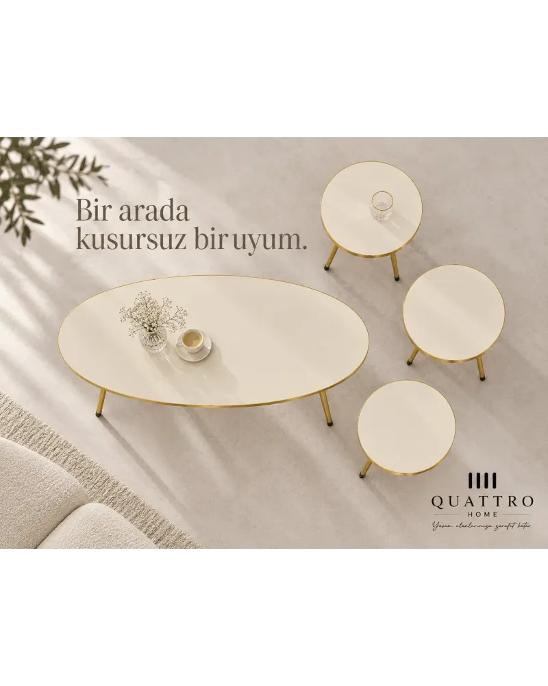Gold Metal Ayaklı Krem 4'lü Sehpa Seti
