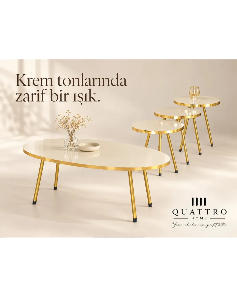 Gold Metal Ayaklı Krem 4'lü Sehpa Seti