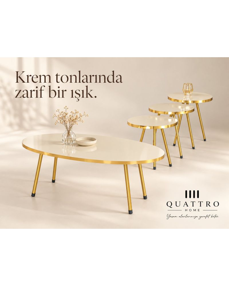 Gold Metal Ayaklı Krem 4'lü Sehpa Seti