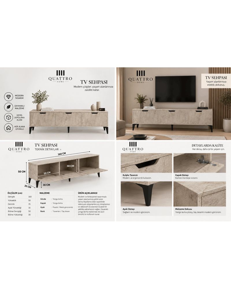 Ekru TV Sehpası 160x35 cm