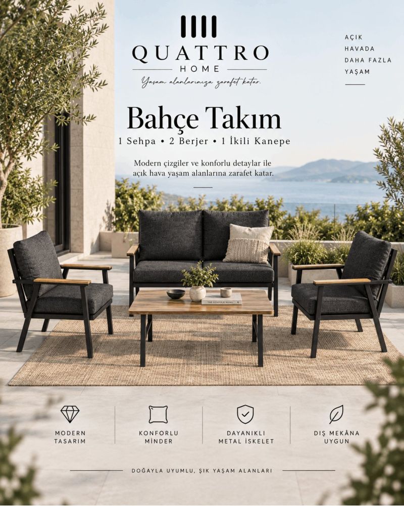 Metal Bahçe ve Balkon Oturma Grubu 4'lü Set Gri
