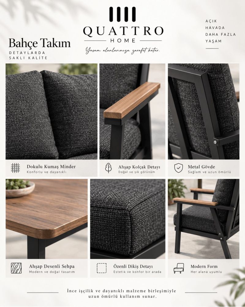 Metal Bahçe ve Balkon Oturma Grubu 4'lü Set Gri