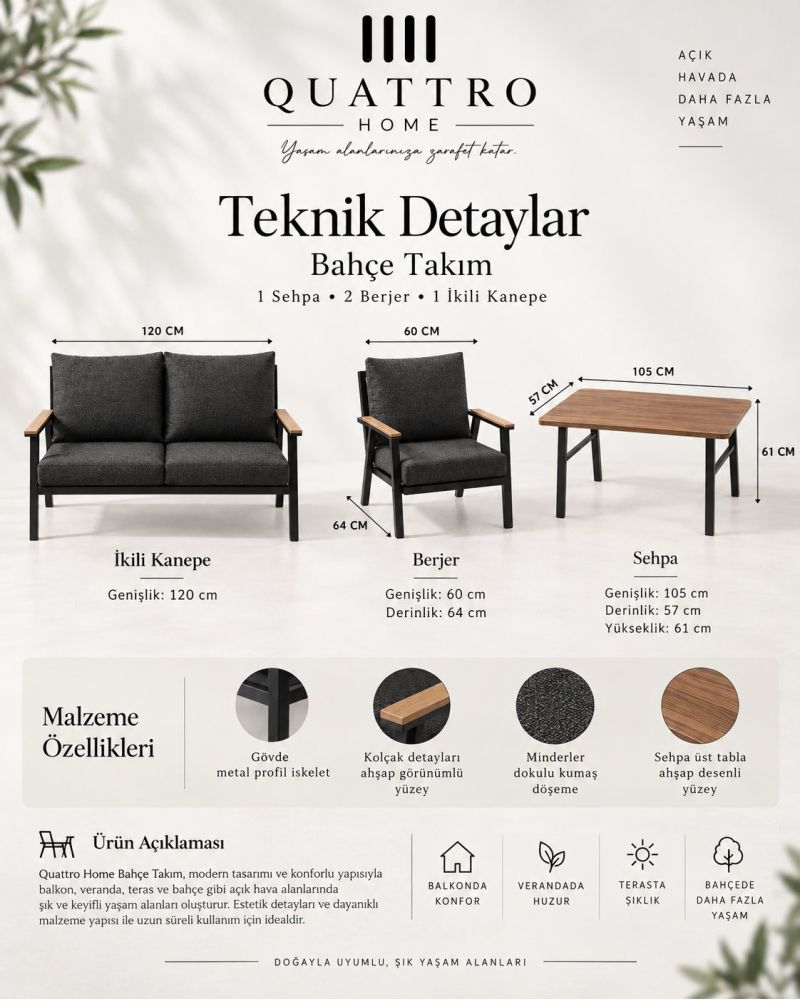 Metal Bahçe ve Balkon Oturma Grubu 4'lü Set Gri