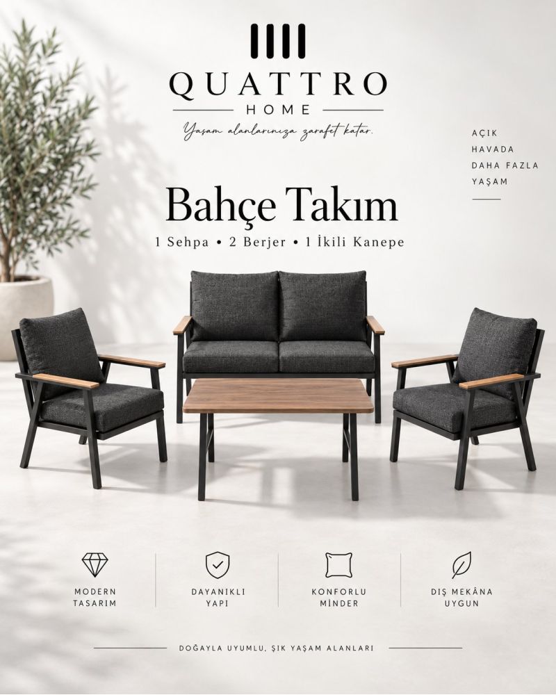 Metal Bahçe ve Balkon Oturma Grubu 4'lü Set Gri