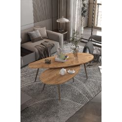 Elips Formlu Ahşap Desenli Orta Sehpa Seti 2'li Takım