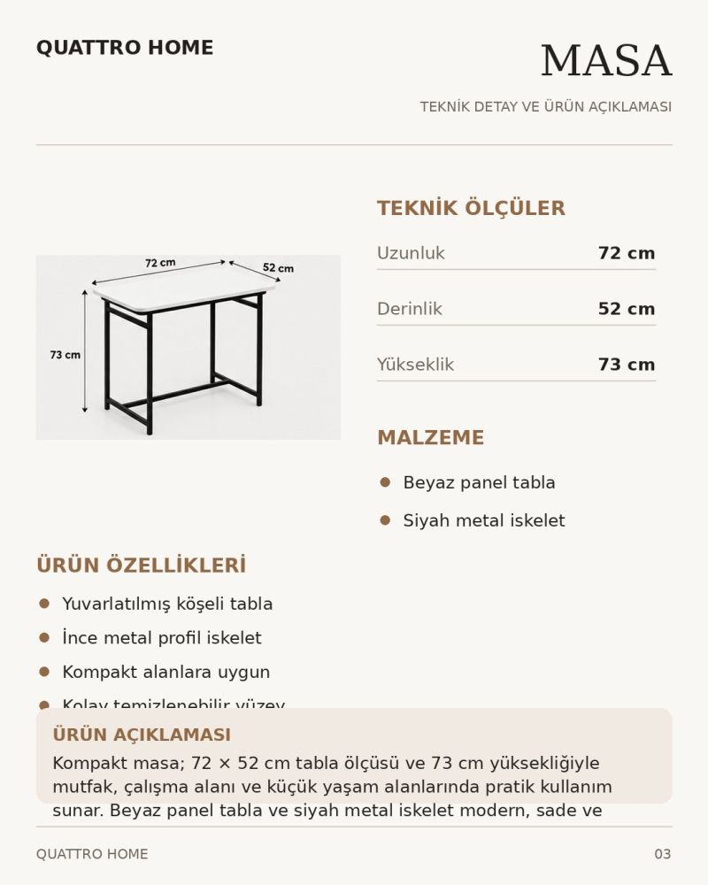 Minör Mutfak Masası Beyaz Suntalam ve Metal Ayaklı