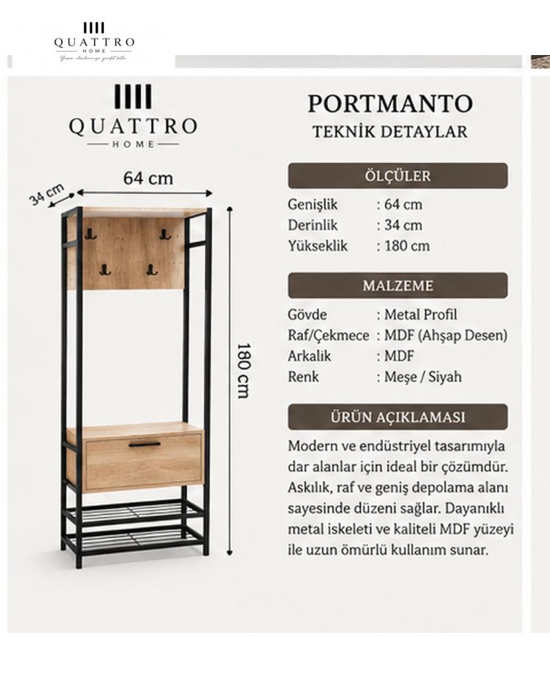 Metal Portmanto Kahverengi 180 cm Ayakkabılık ve Askılıklı Vestiyer