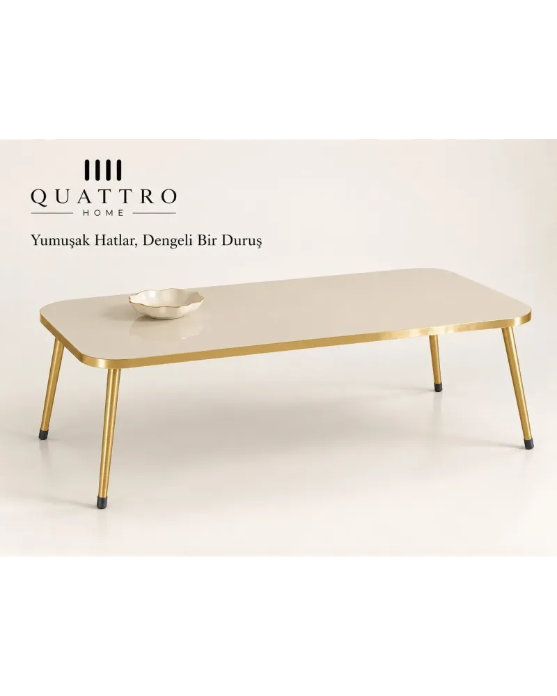 Gold Metal Düz Ayak 4'lü Sehpa Seti Krem