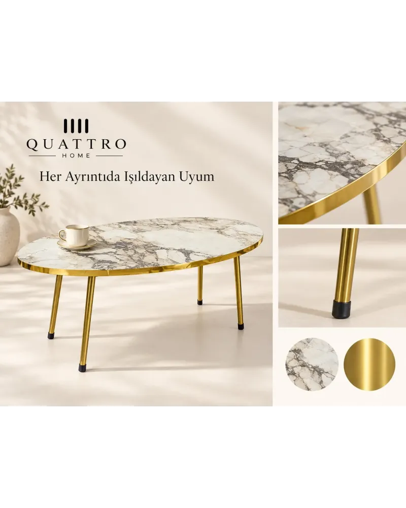 Beyaz ve Gold Metal Ayaklı 4'lü Sehpa Seti