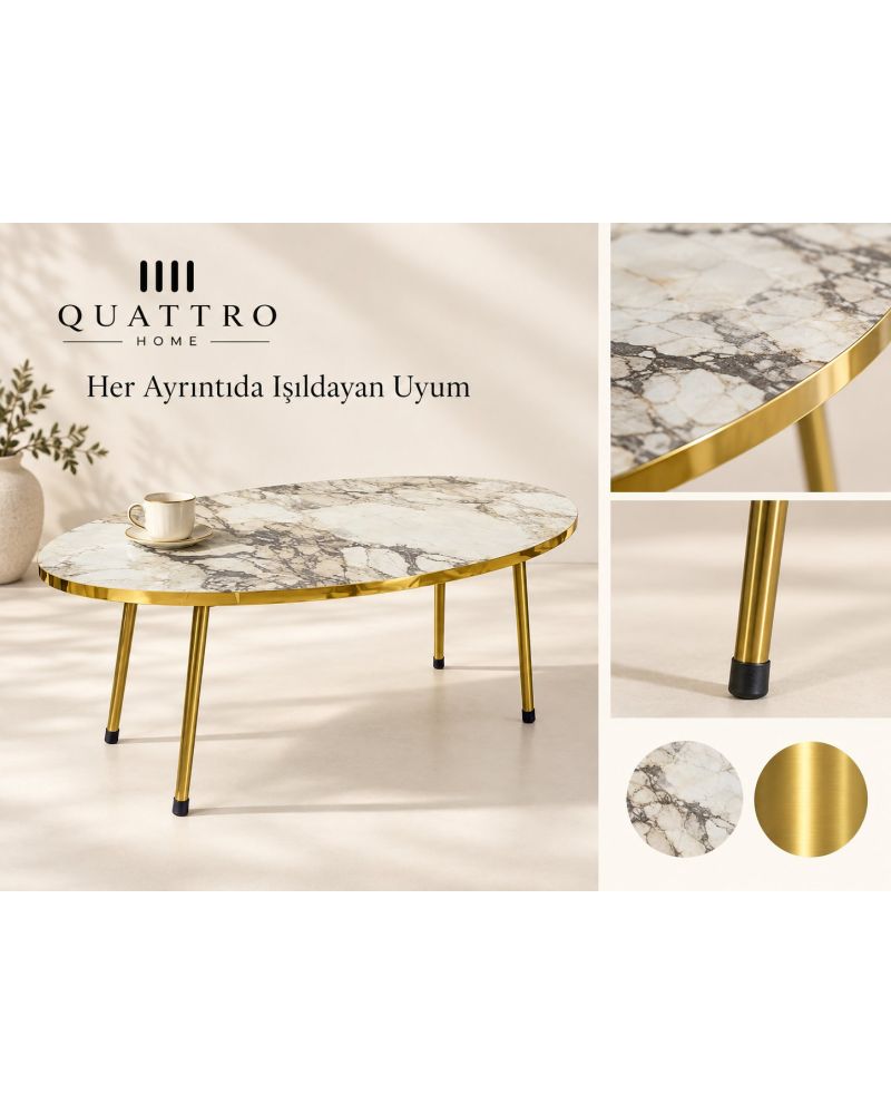 Beyaz ve Gold Metal Ayaklı 4'lü Sehpa Seti