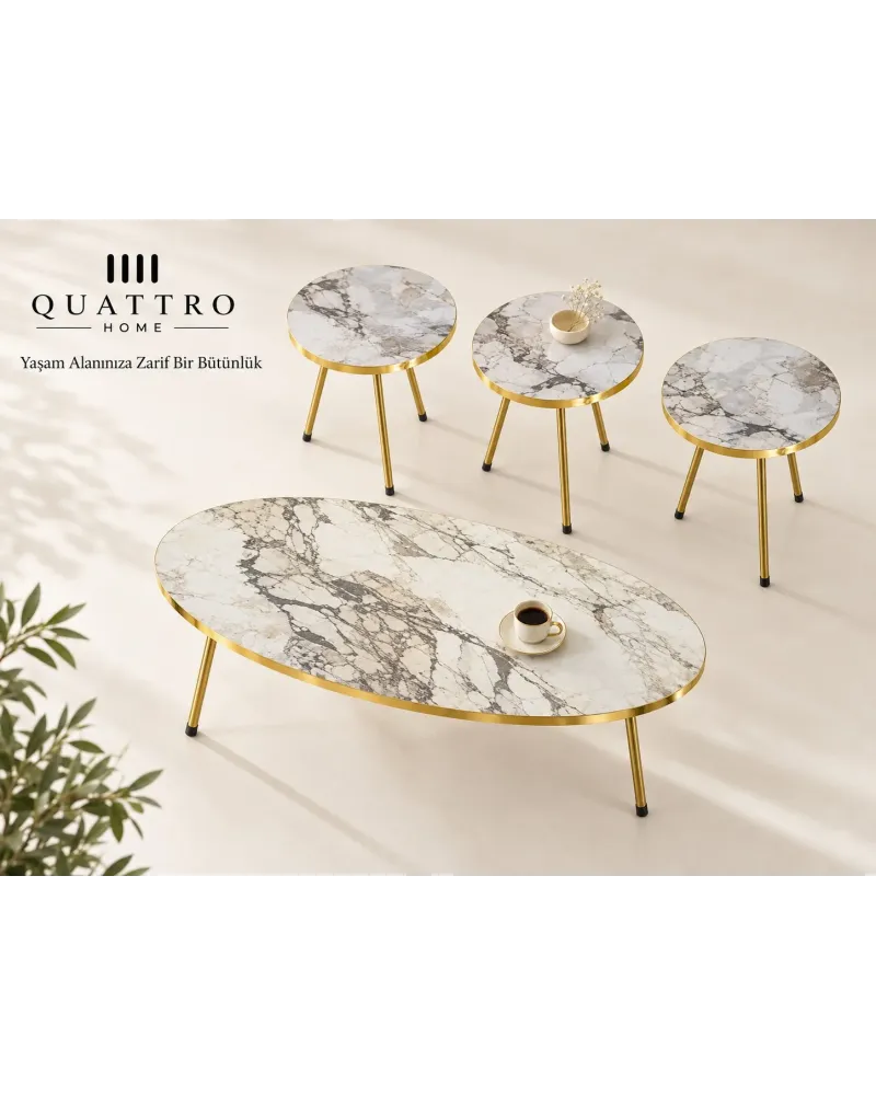 Beyaz ve Gold Metal Ayaklı 4'lü Sehpa Seti