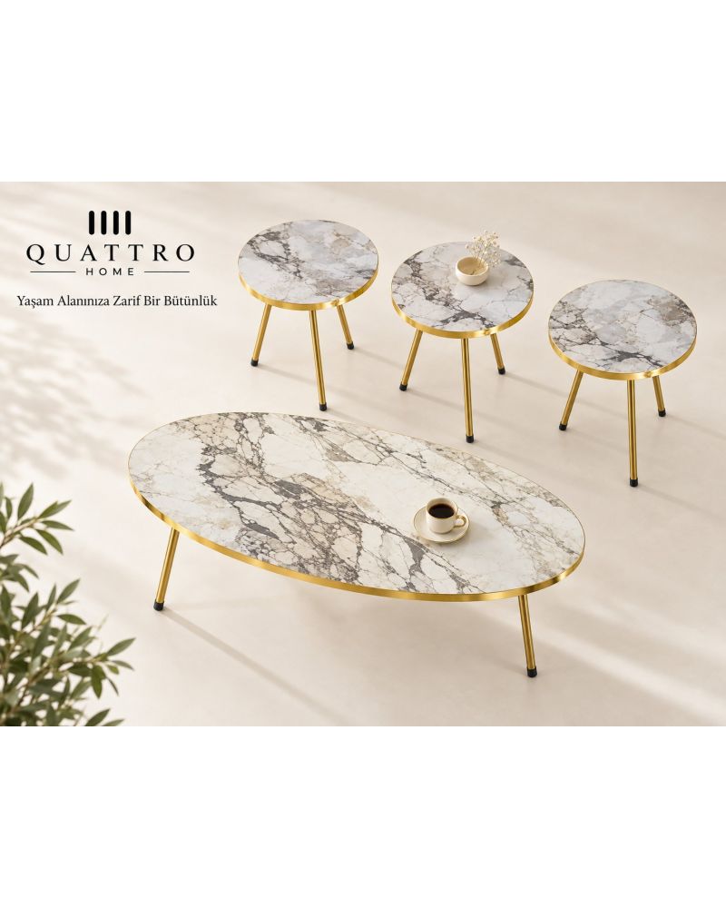 Beyaz ve Gold Metal Ayaklı 4'lü Sehpa Seti