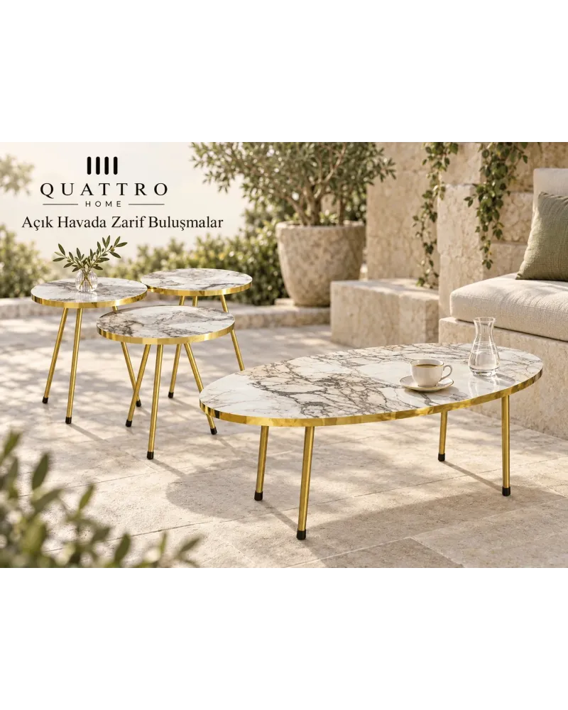 Beyaz ve Gold Metal Ayaklı 4'lü Sehpa Seti