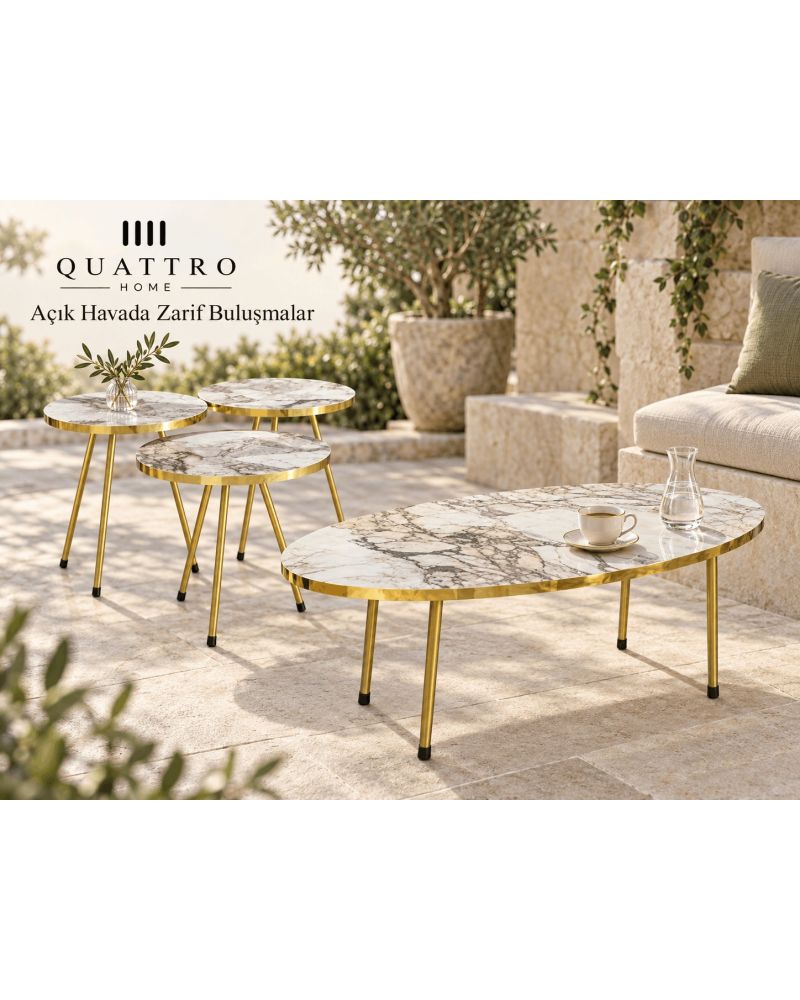 Beyaz ve Gold Metal Ayaklı 4'lü Sehpa Seti