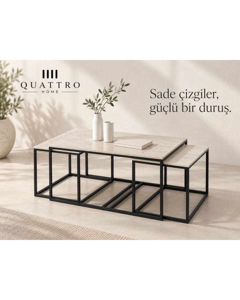 Traverten Desenli Bej 3'lü Sehpa Seti