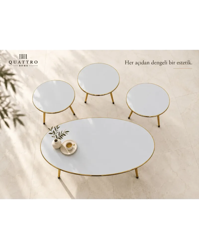 Beyaz ve Gold Metal Ayaklı 4'lü Sehpa Seti