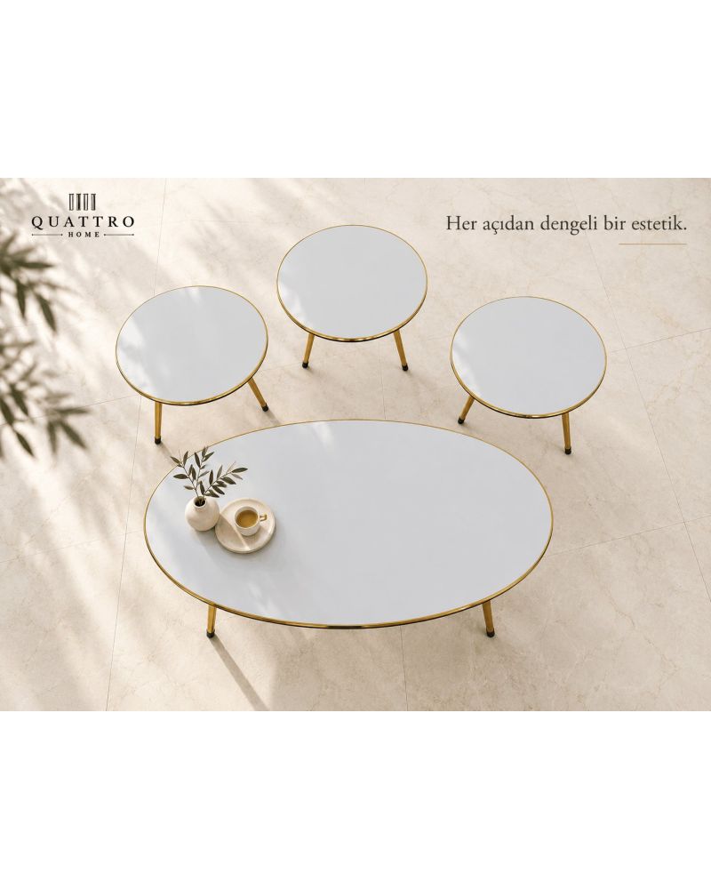 Beyaz ve Gold Metal Ayaklı 4'lü Sehpa Seti
