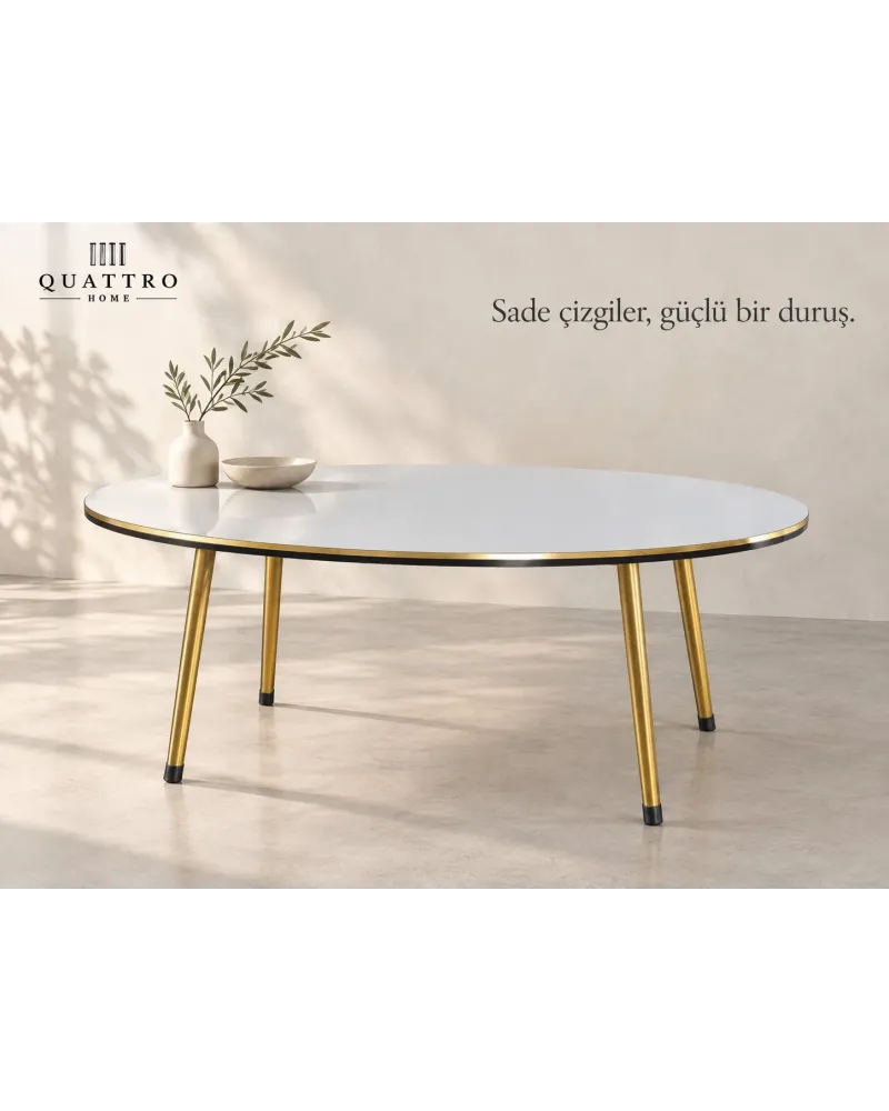 Beyaz ve Gold Metal Ayaklı 4'lü Sehpa Seti