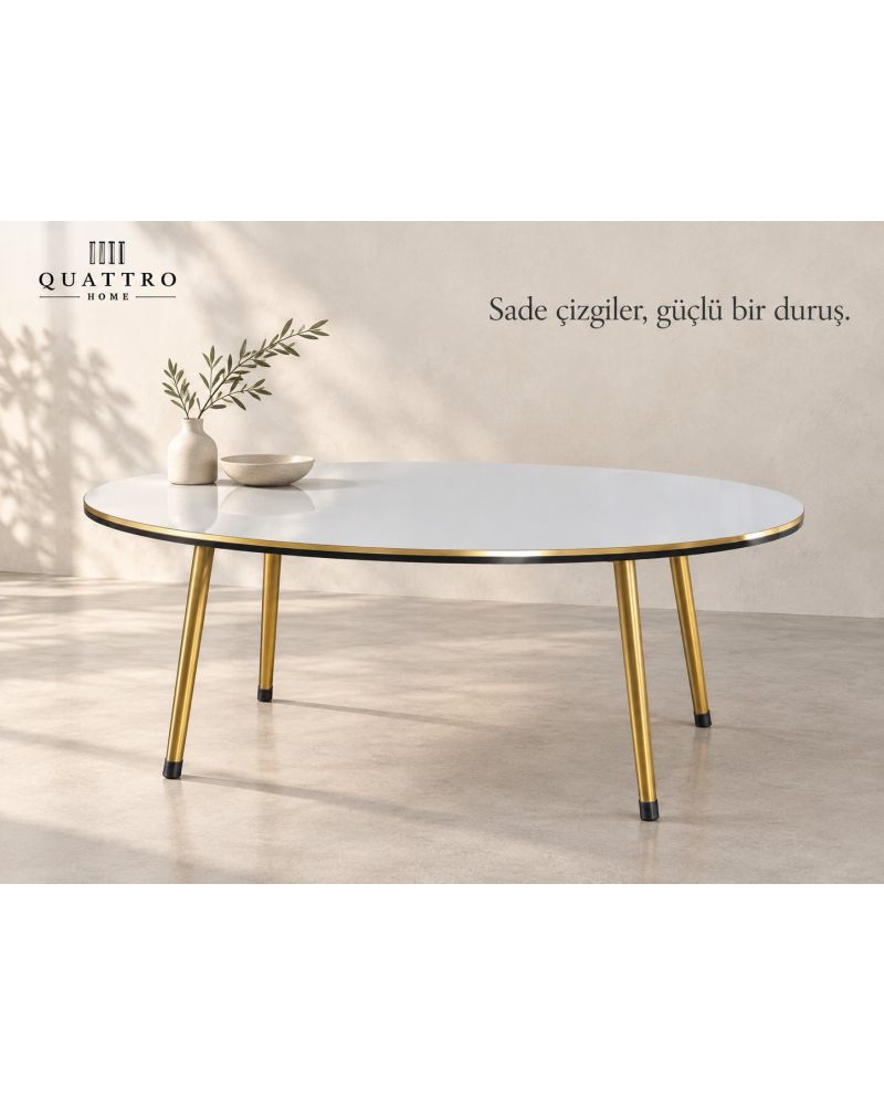 Beyaz ve Gold Metal Ayaklı 4'lü Sehpa Seti