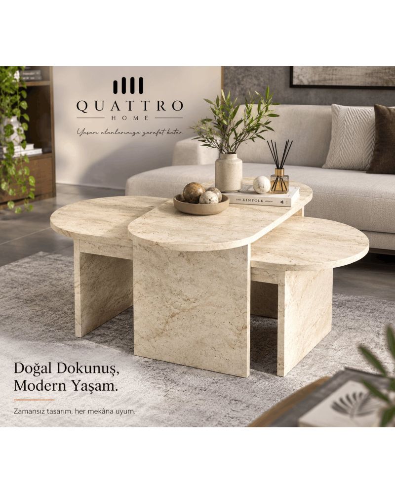 Traverten Desenli Ekru İkili Orta Sehpa Takımı