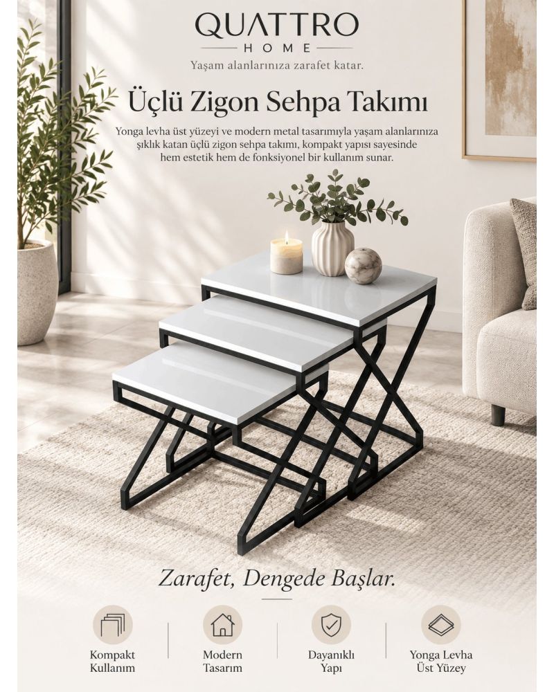 Modern Zigon Sehpa Seti Beyaz ve Siyah