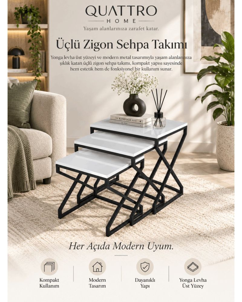 Modern Zigon Sehpa Seti Beyaz ve Siyah