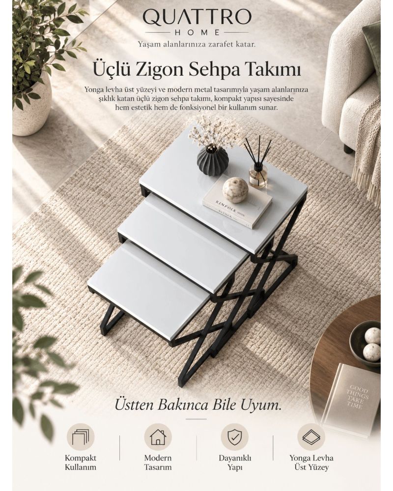 Modern Zigon Sehpa Seti Beyaz ve Siyah