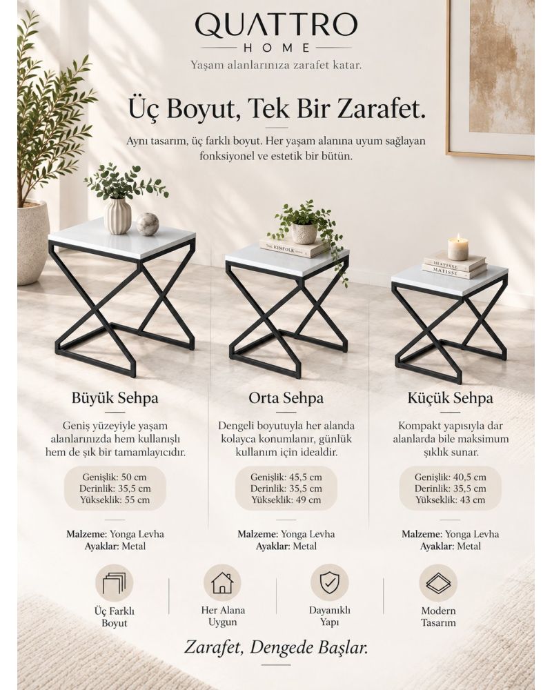 Modern Zigon Sehpa Seti Beyaz ve Siyah