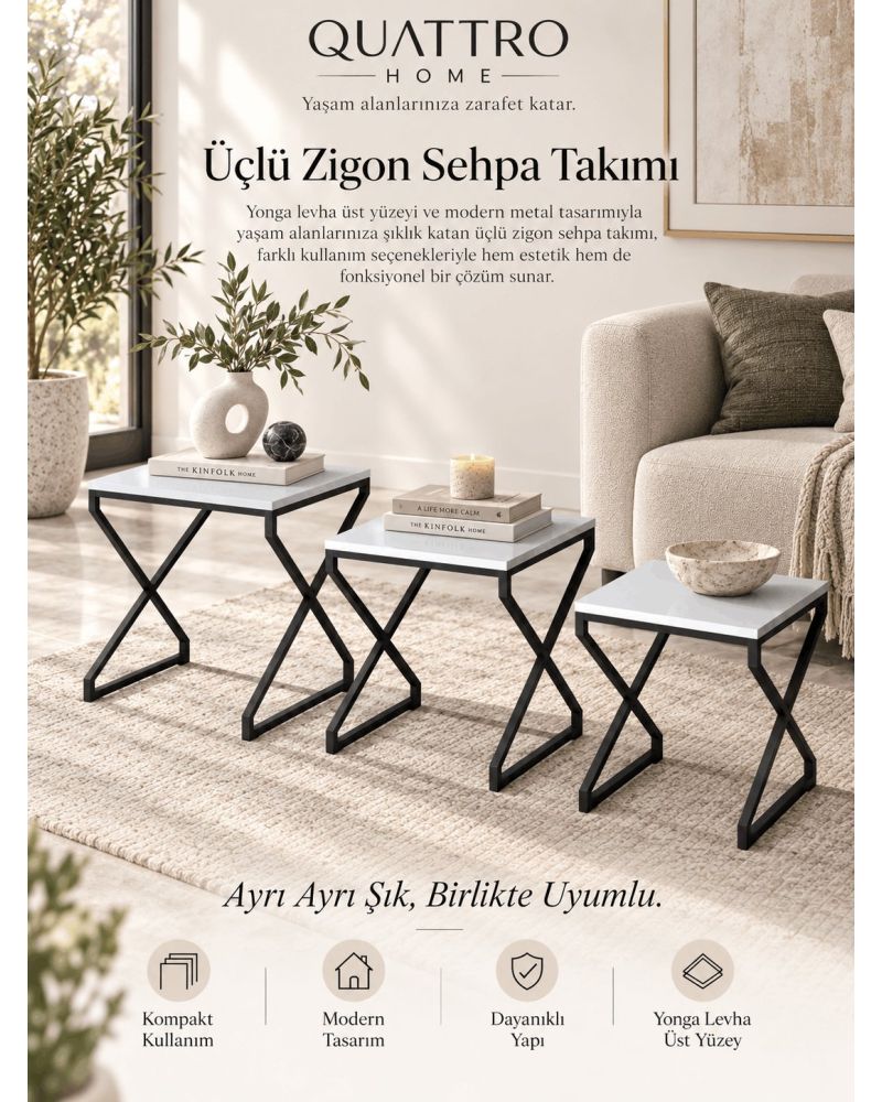 Modern Zigon Sehpa Seti Beyaz ve Siyah