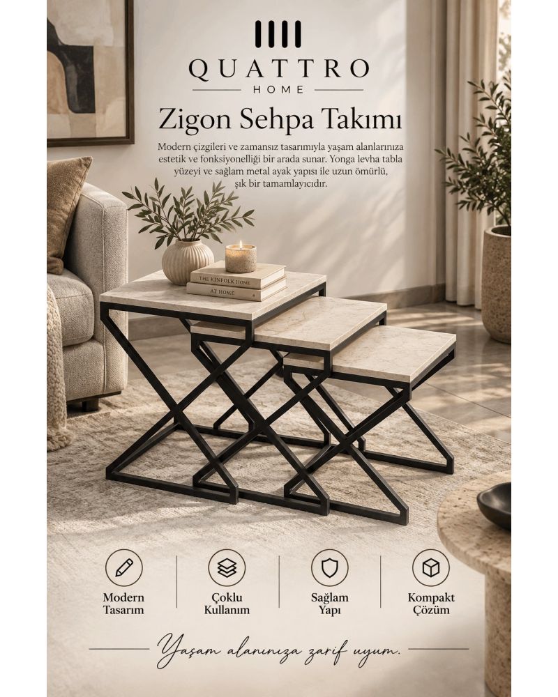 Traverten Desenli Bej 3'lü Zigon Sehpa Seti