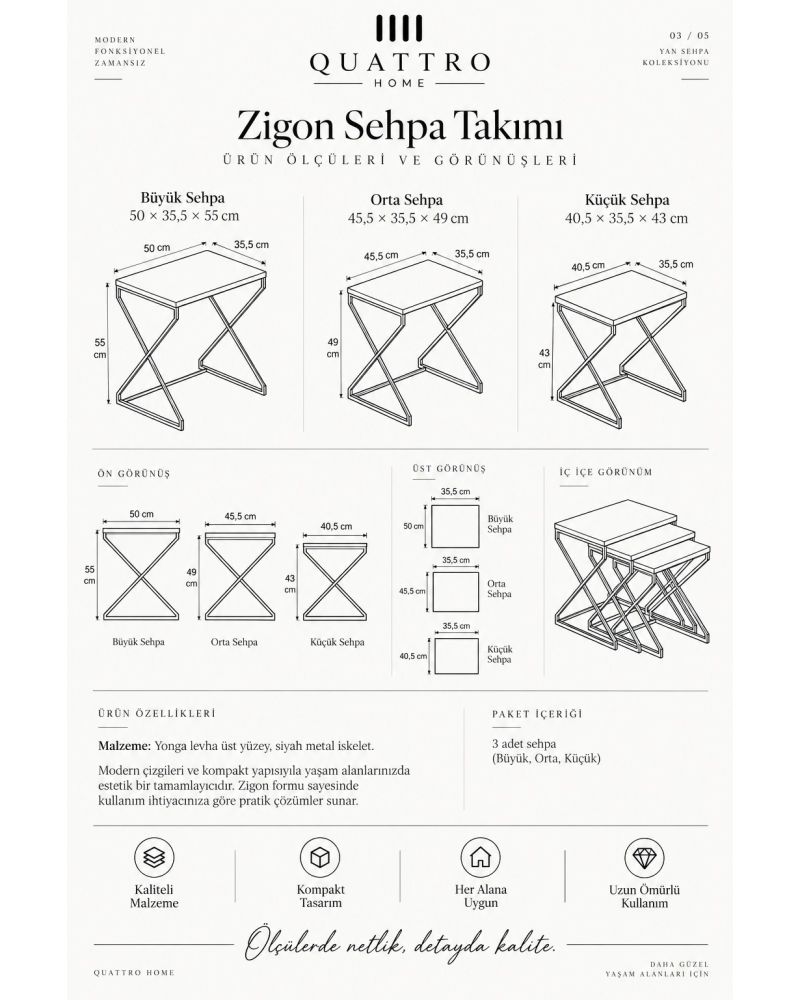 Traverten Desenli Bej 3'lü Zigon Sehpa Seti