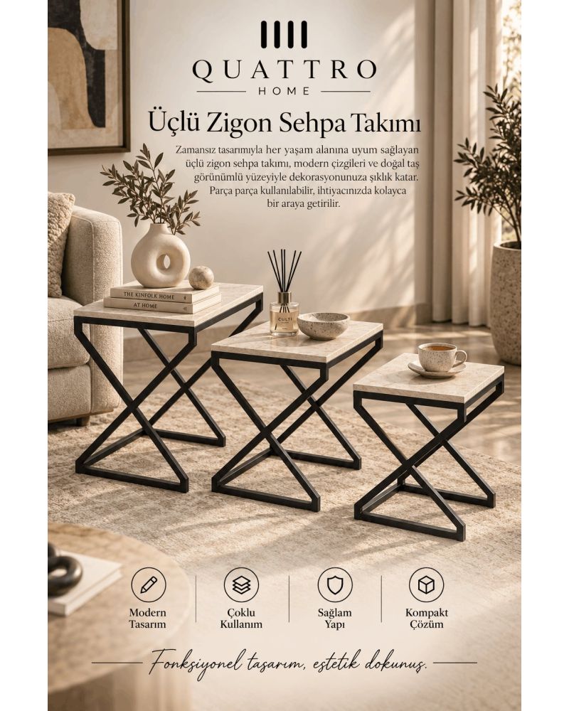 Traverten Desenli Bej 3'lü Zigon Sehpa Seti