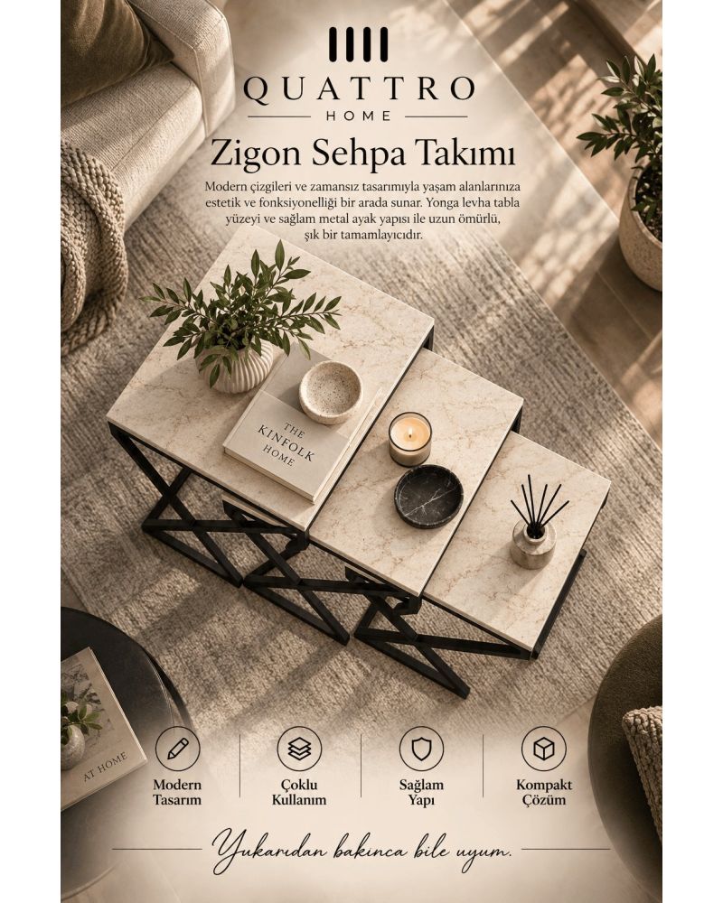 Traverten Desenli Bej 3'lü Zigon Sehpa Seti