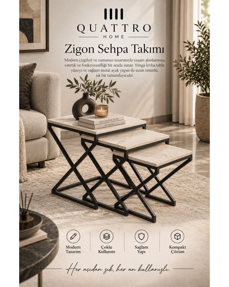 Traverten Desenli Bej 3'lü Zigon Sehpa Seti