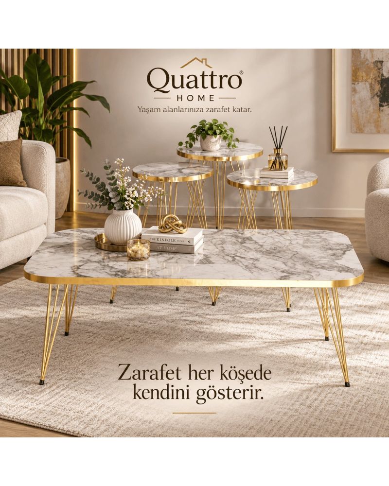 4'lü Mermer Desenli Sehpa Seti Efes Beyaz ve Gold Metal Ayaklı