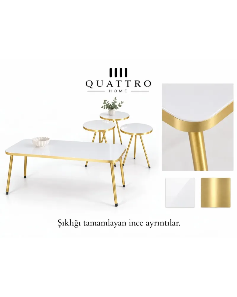 Gold Metal Düz Ayaklı Beyaz 4'lü Sehpa Seti