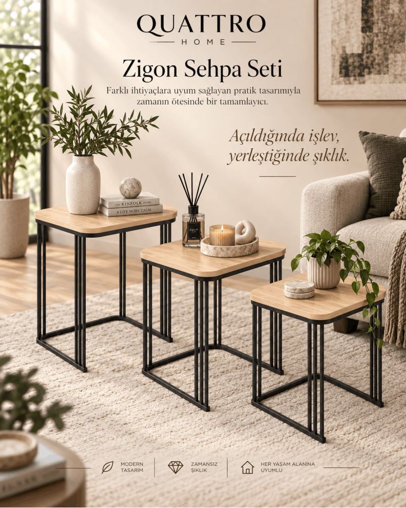3'lü Kare Zigon Sehpa Seti Kahverengi Atlantik Çam Desenli