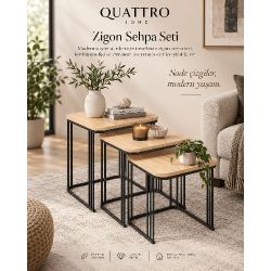 3'lü Kare Zigon Sehpa Seti Kahverengi Atlantik Çam Desenli