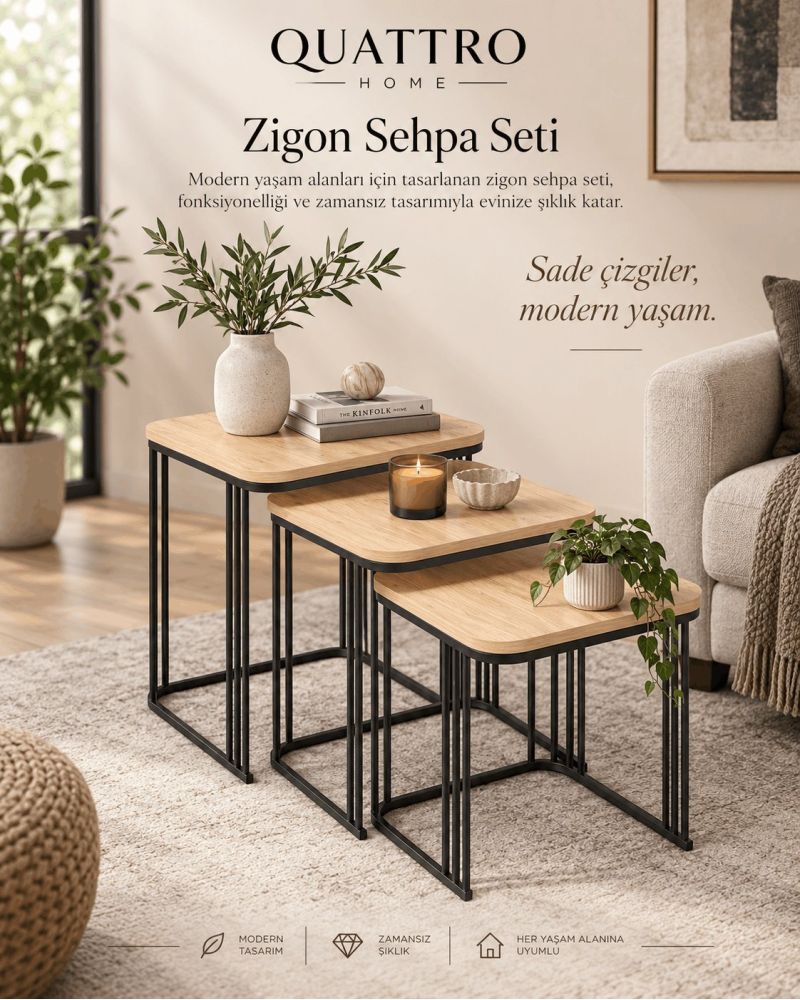 3'lü Kare Zigon Sehpa Seti Kahverengi Atlantik Çam Desenli