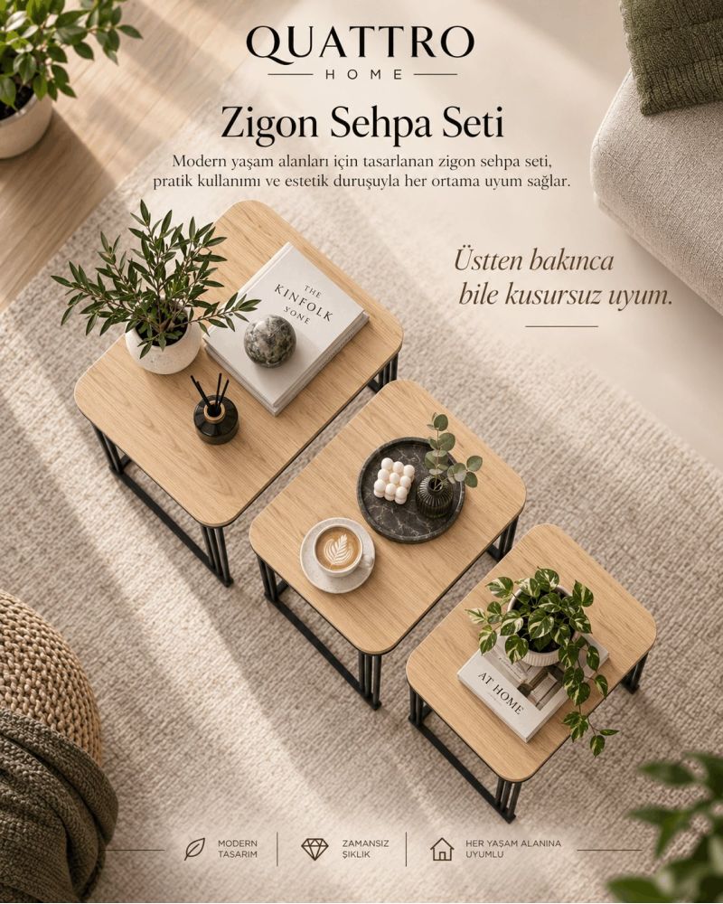 3'lü Kare Zigon Sehpa Seti Kahverengi Atlantik Çam Desenli