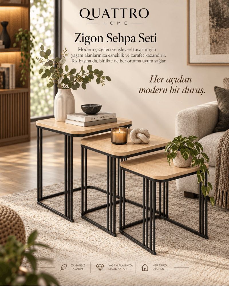 3'lü Kare Zigon Sehpa Seti Kahverengi Atlantik Çam Desenli