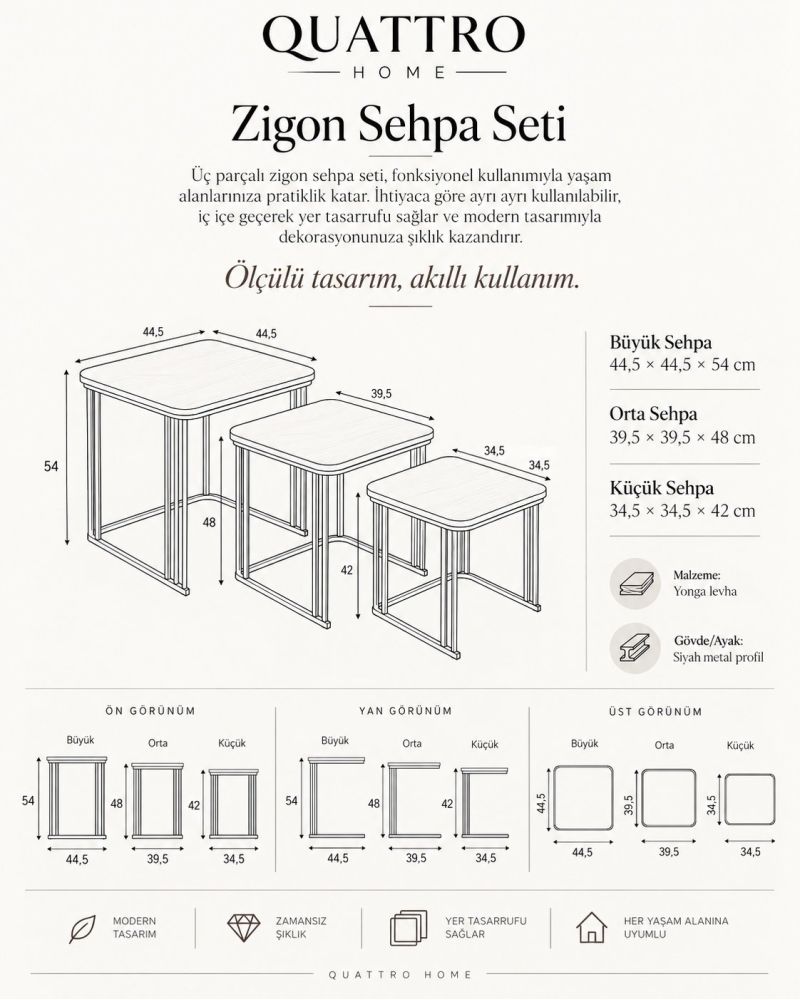 3'lü Kare Zigon Sehpa Seti Kahverengi Atlantik Çam Desenli