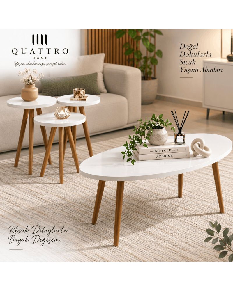 Beyaz Elips Orta Sehpa ve Zigon Sehpa Seti 4'lü