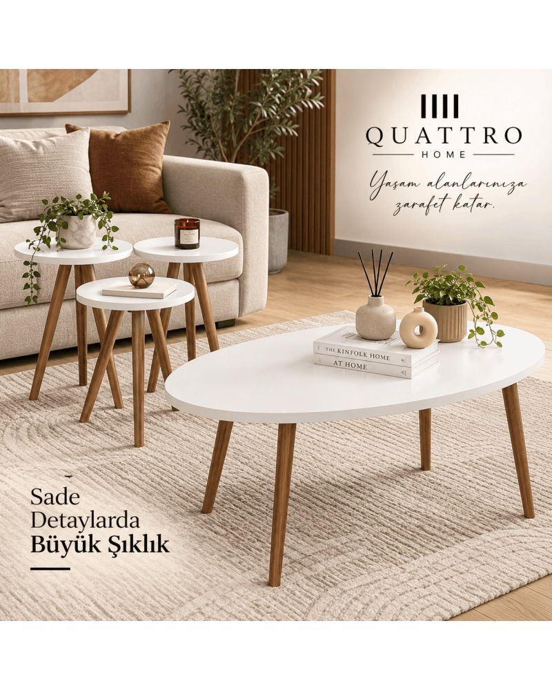 Beyaz Elips Orta Sehpa ve Zigon Sehpa Seti 4'lü
